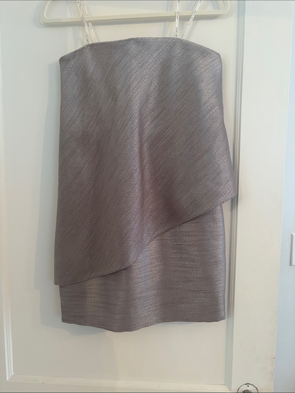 Halston Heritage Asymmetrical Metallic Silver Mini Skirt